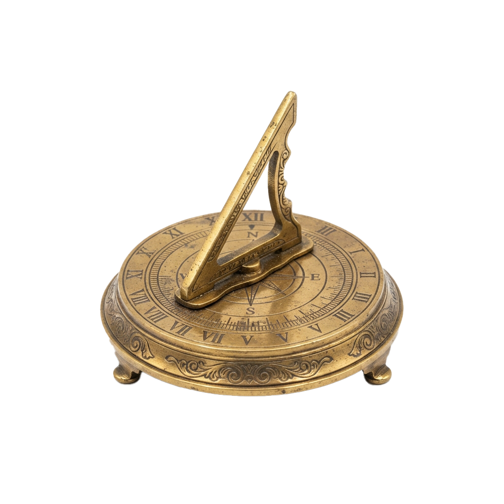 A vintage brass sundial with Roman numerals and a decorative stand