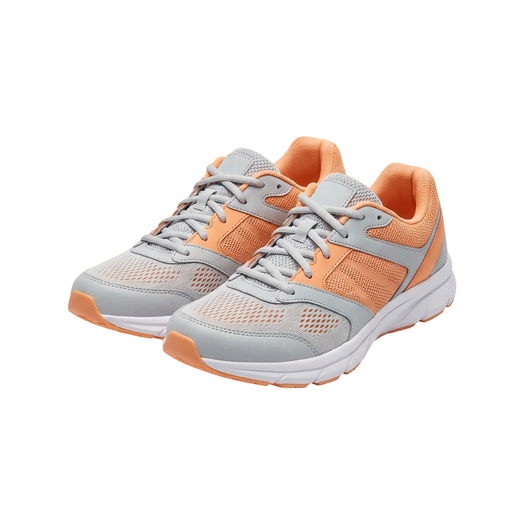 Gray and orange mesh running shoes for children with white laces and rubber soles