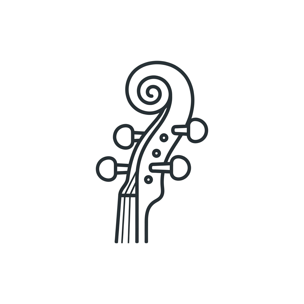 Minimalist line drawing of a cello with scroll and four strings
