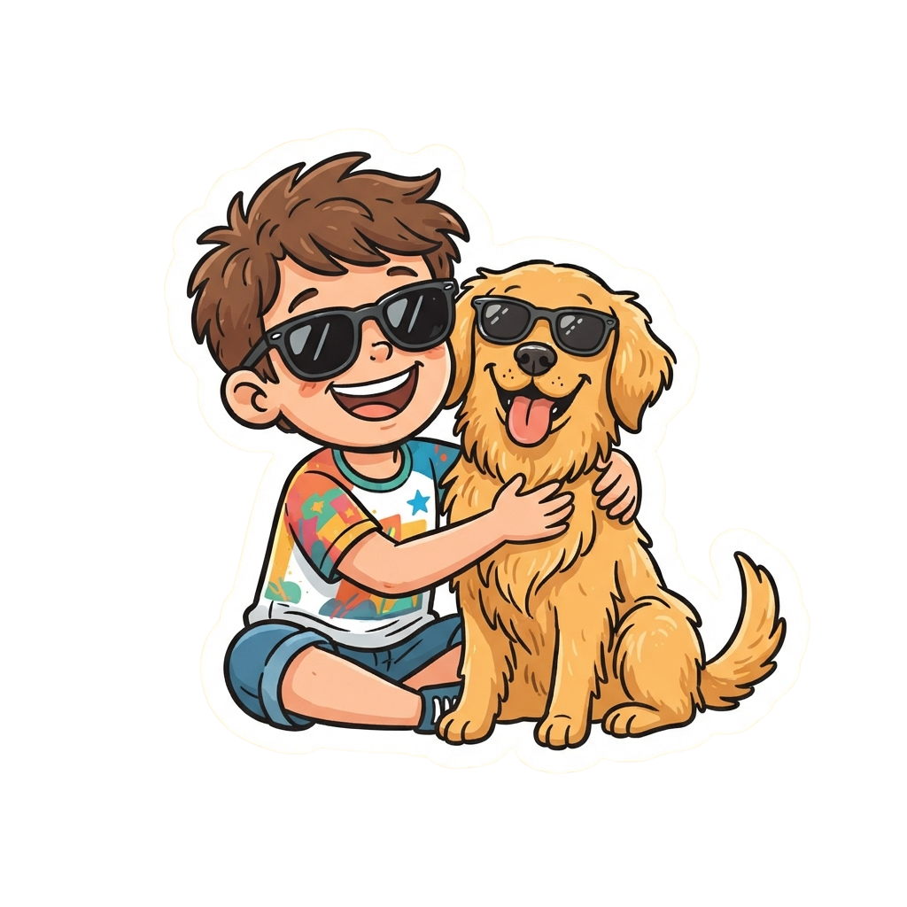 HappyBoyHuggingGoldenRetrieverCartoonSticker - National Kids And Pets Day 5