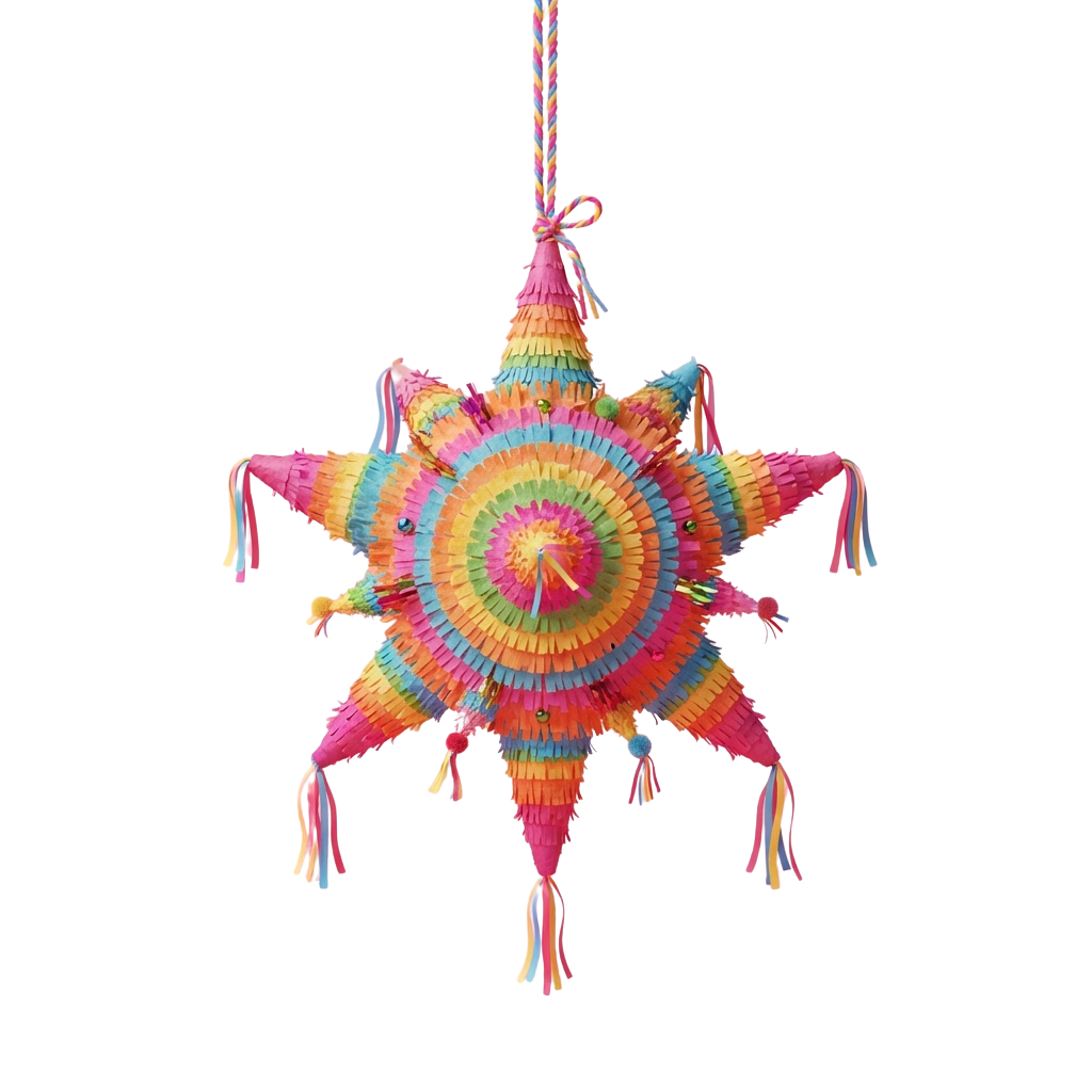 A vibrant star-shaped piñata decoration with colorful tissue paper and hanging tassels
