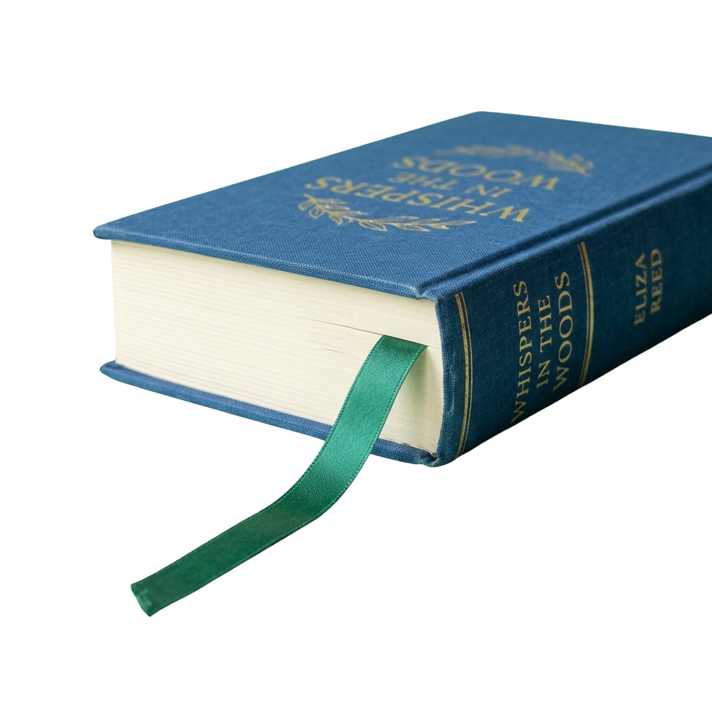 A blue hardcover book titled Whispers in the Woods with a green ribbon bookmark.