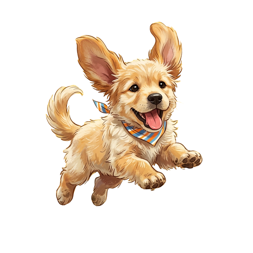 A cheerful light brown puppy mid-jump, wearing a colorful bandana, with floppy ears and a wagging tail