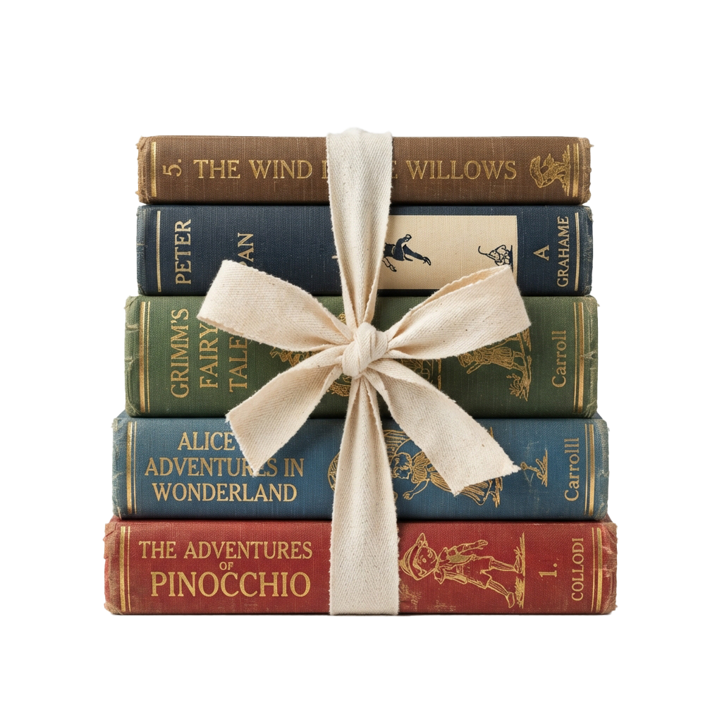 Stack of vintage-style children's books tied with a light-colored ribbon