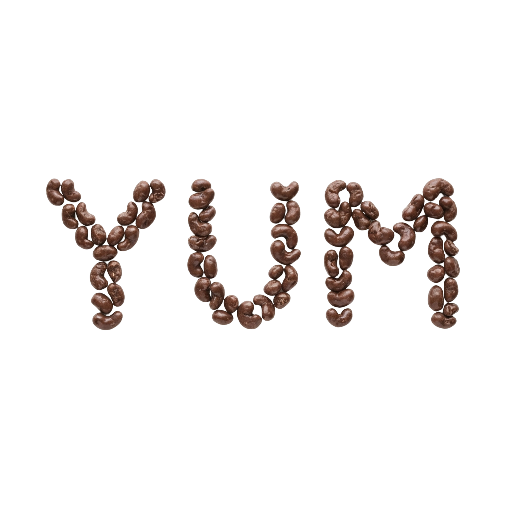 Three-dimensional letters YMM composed of connected coffee beans against a black background