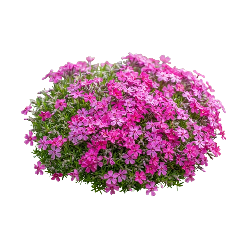 Cluster of vibrant pink phlox flowers with green foliage against a black background