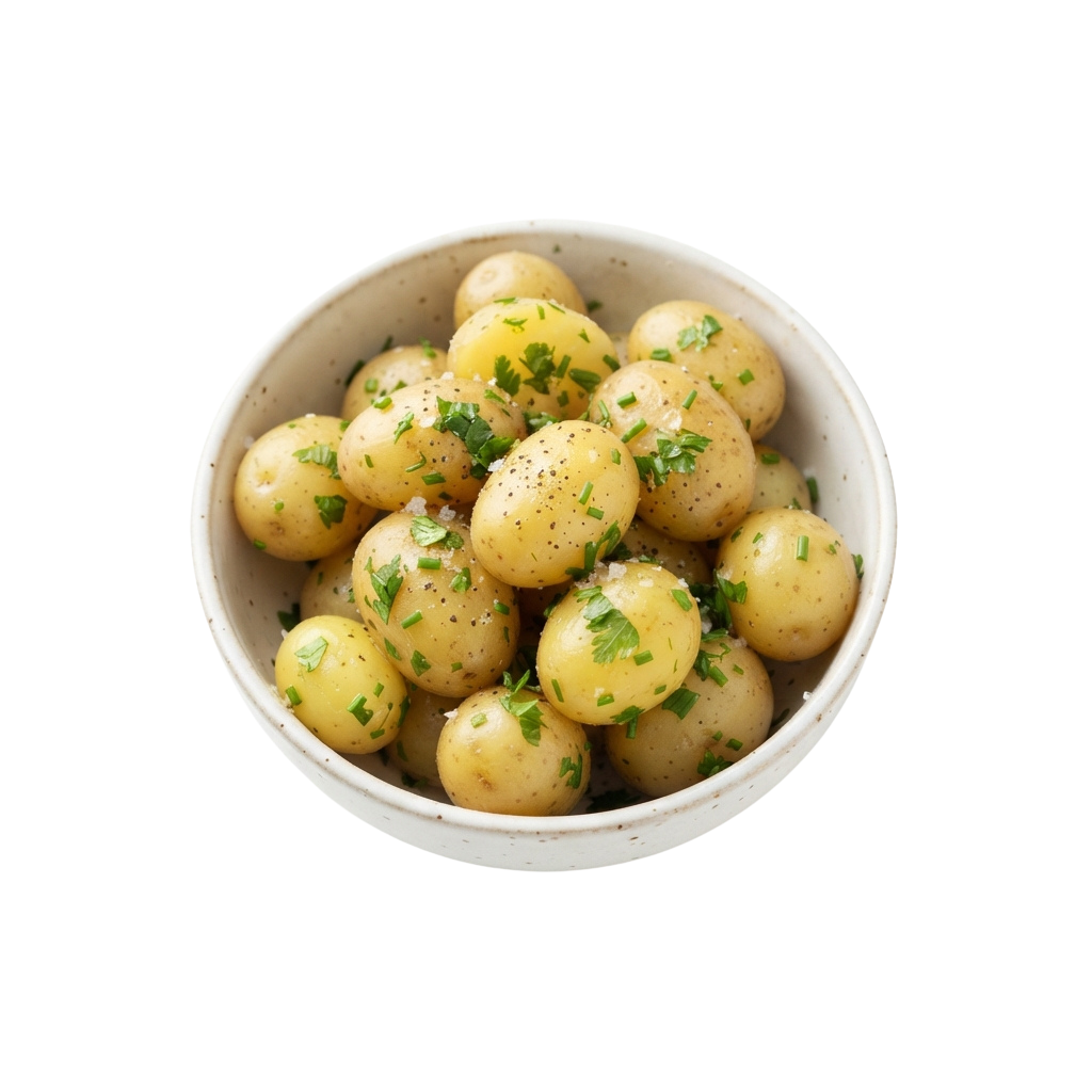 A white bowl filled with small roasted potatoes garnished with herbs and seasoning
