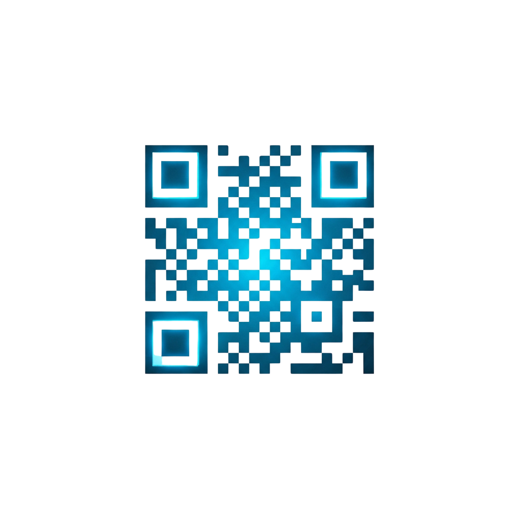 A glowing blue QR code on a dark background