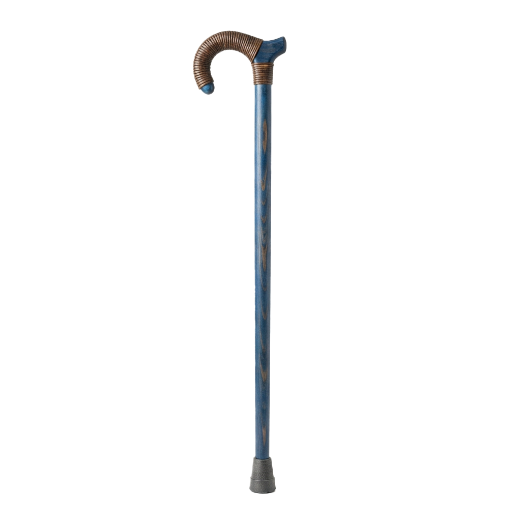 A cane with a curved handle wrapped in brown material and a blue shaft with a silver ferrule at the bottom