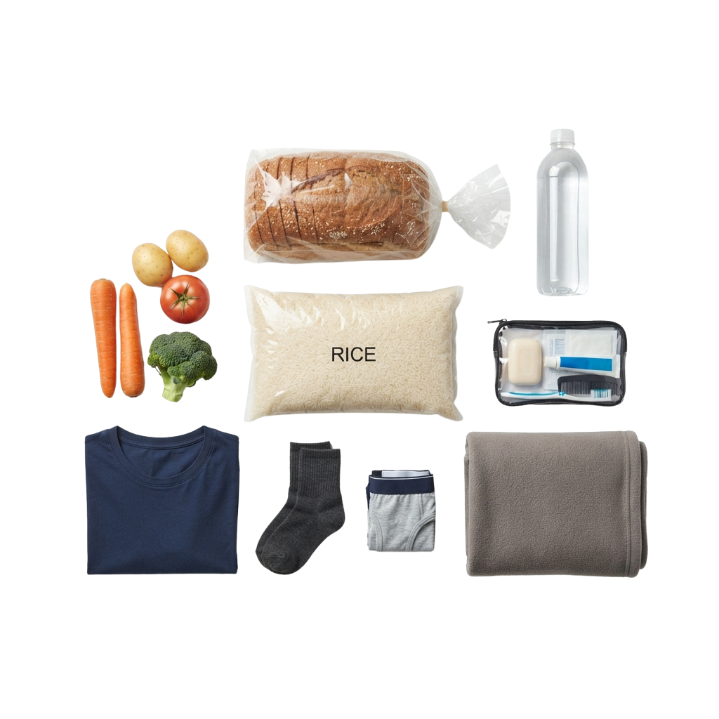 Assorted emergency kit items including food, clothing, toiletries, and water bottle