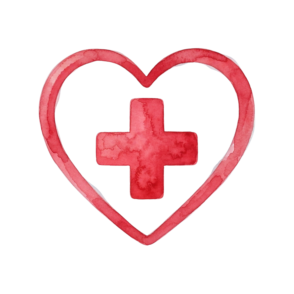 A red heart shape containing a red medical cross symbol on a black background