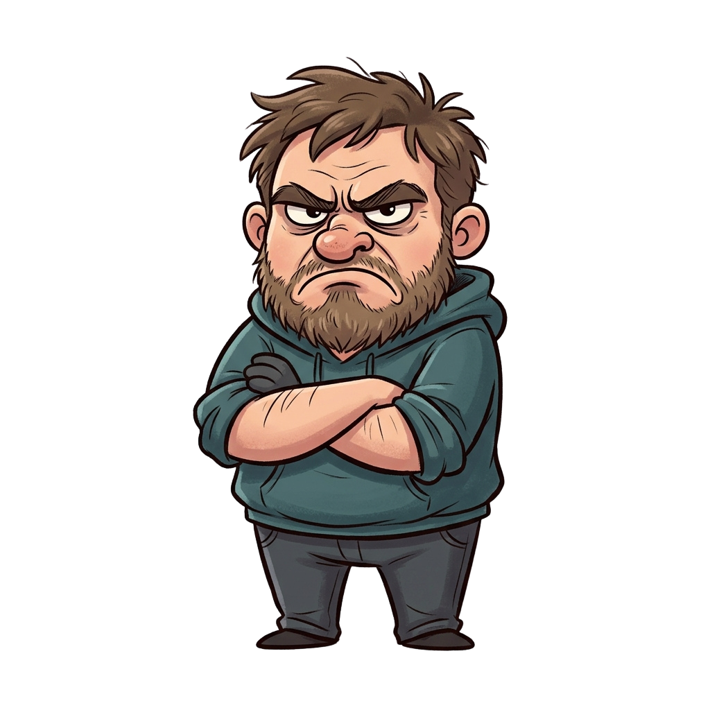 Angry cartoon character with a beard, arms crossed, and a scowling expression