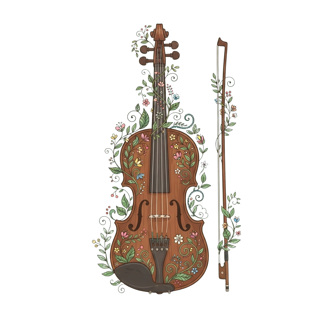 A beautifully illustrated violin adorned with floral and vine patterns.