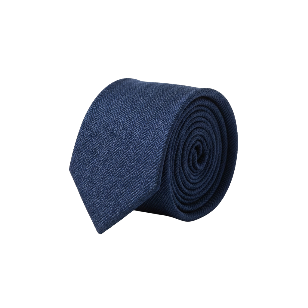 A rolled dark navy blue textured tie on a black background