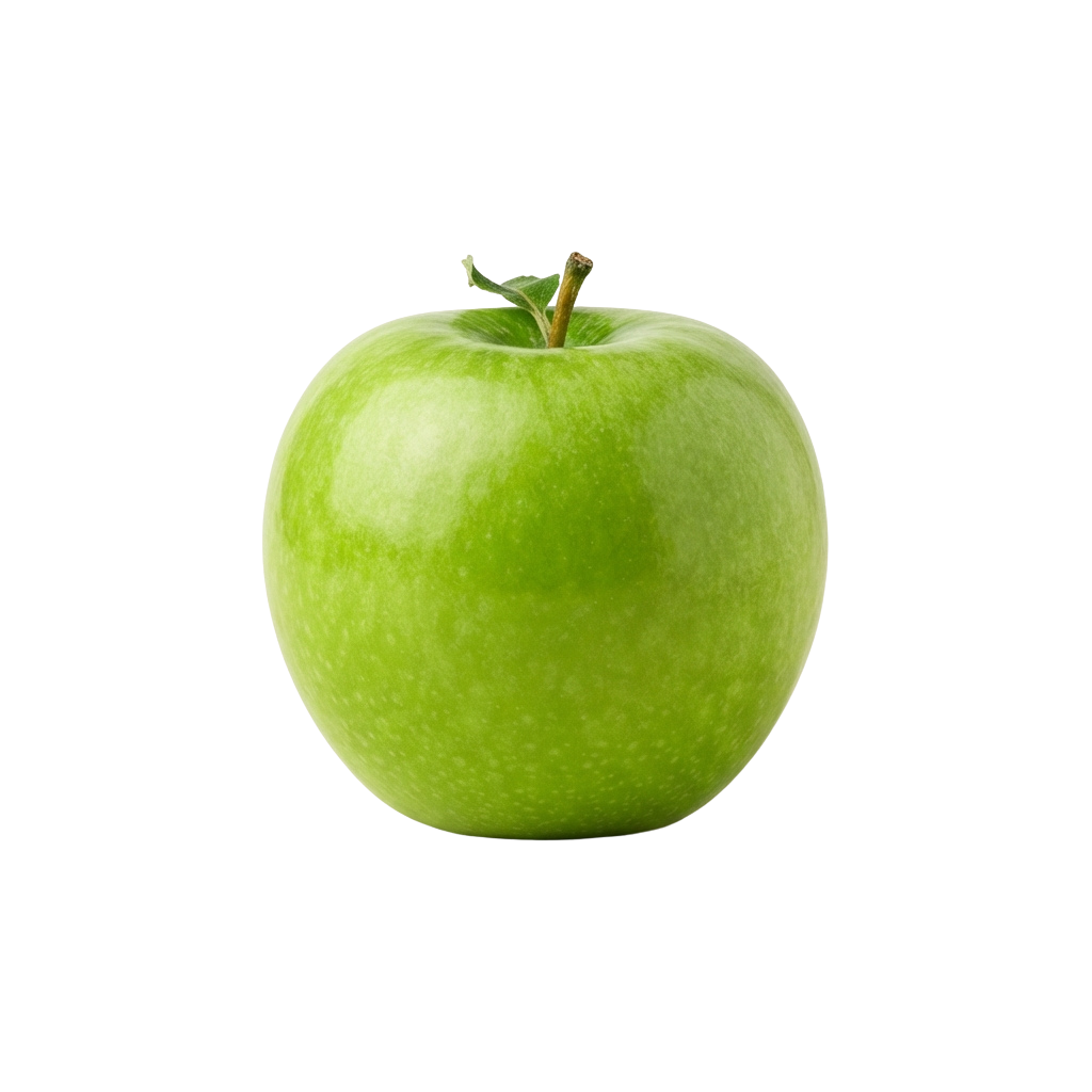A single green apple with a glossy skin and small brown stem on a black background