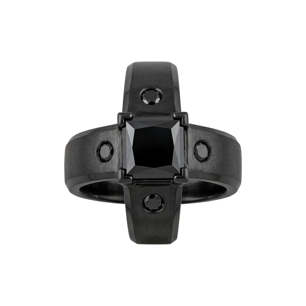 A sleek black ring featuring a cross design and a central diamond stone.