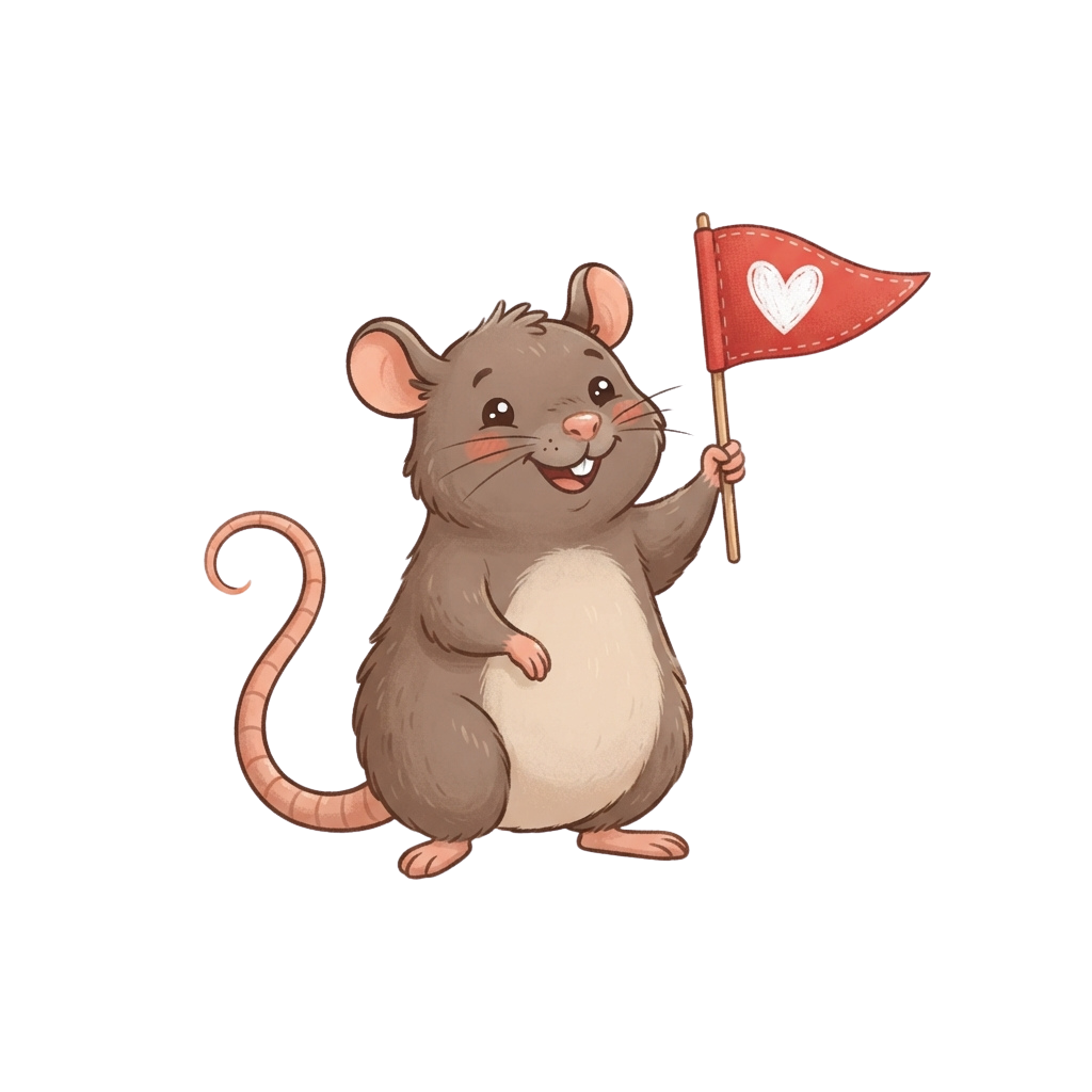 A cheerful cartoon mouse standing upright holding a red flag with a white heart symbol