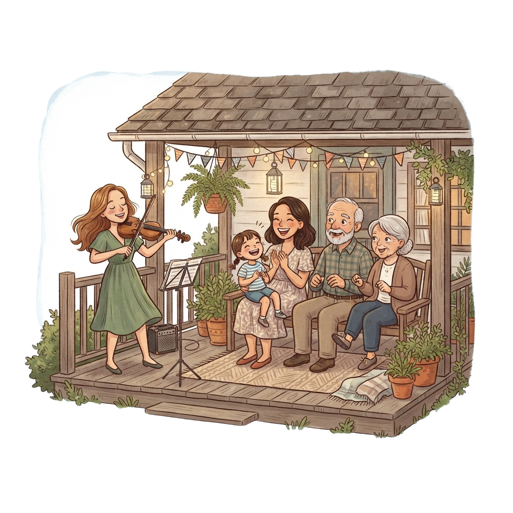 A woman plays violin while a family of four listens happily on a cozy porch decorated with plants and string lights.