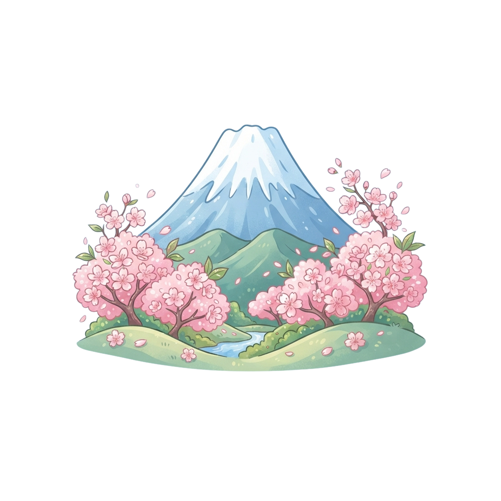 A stylized illustration of a snow-capped mountain with blooming cherry blossoms and green hills