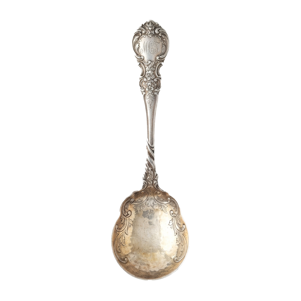 An ornate silver serving spoon with intricate detailing on the handle and bowl.