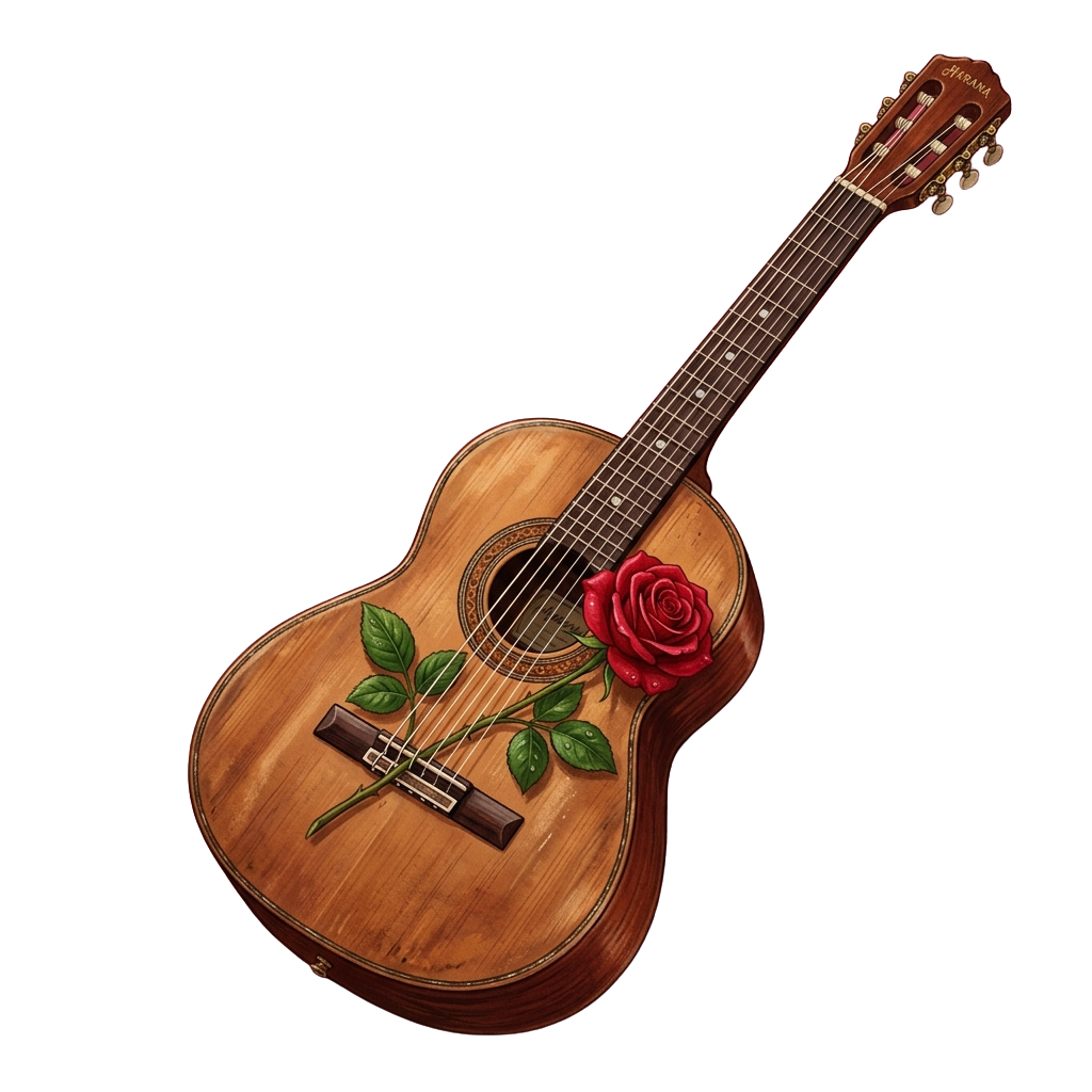 A classical guitar adorned with a red rose and green leaf near the sound hole