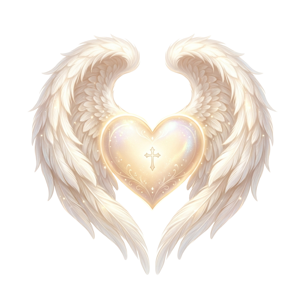 Illustration of angel wings framing a glowing heart with a cross symbol inside