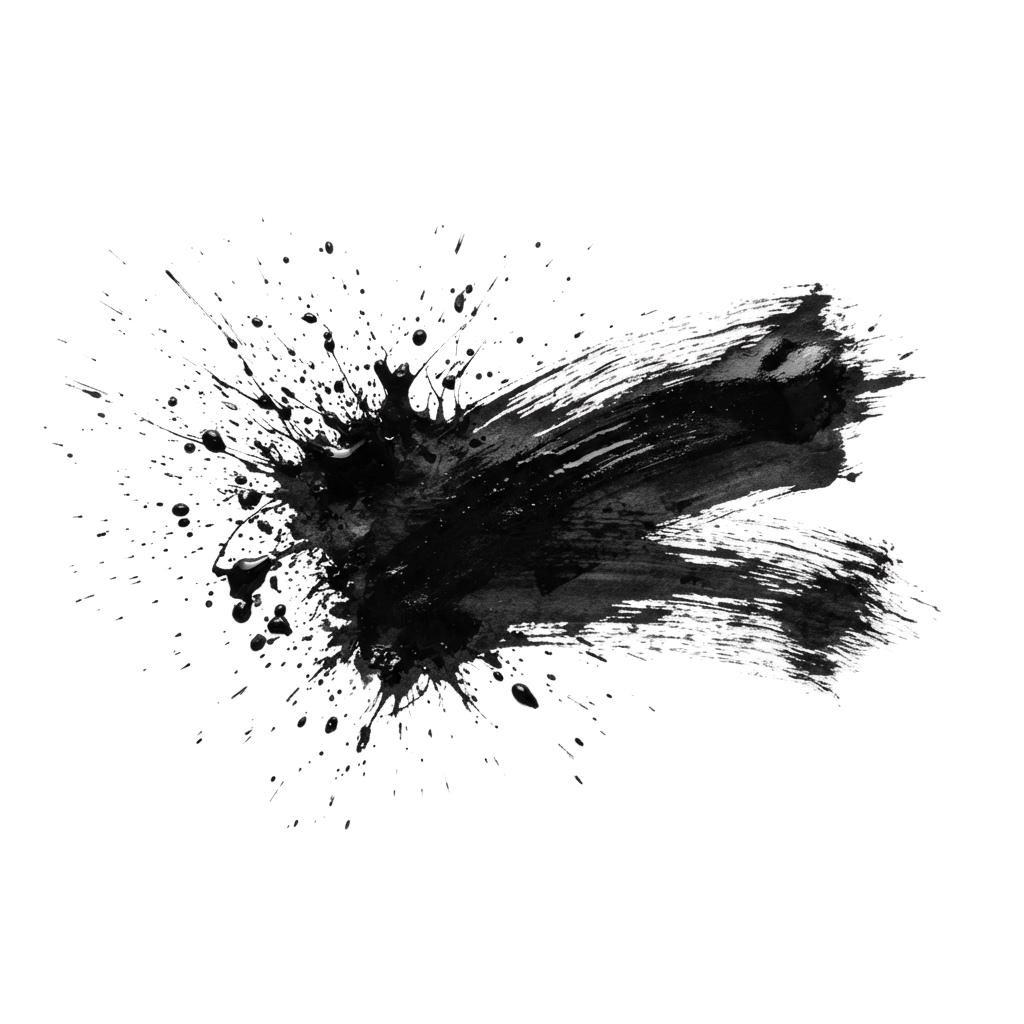 A black and white abstract splatter pattern with dynamic ink-like textures and sharp edges