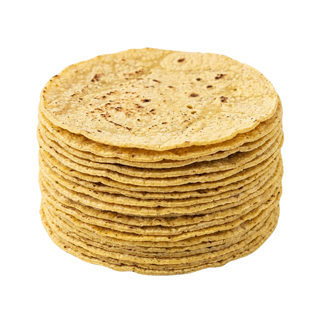 A stack of round, light brown corn tortillas with speckled texture.