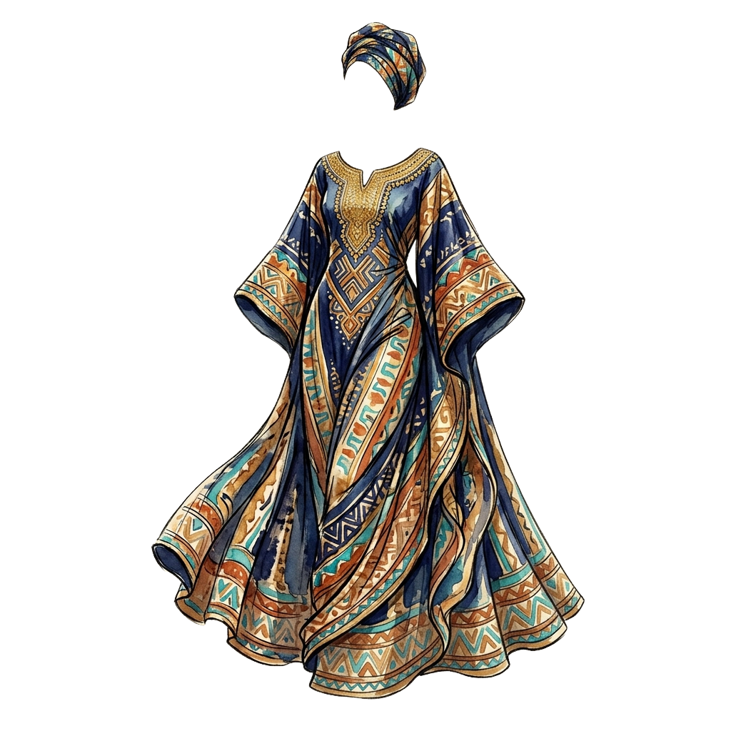 A long, flowing dress with intricate geometric embroidery in blue, gold, and teal tones, paired with a matching headscarf.