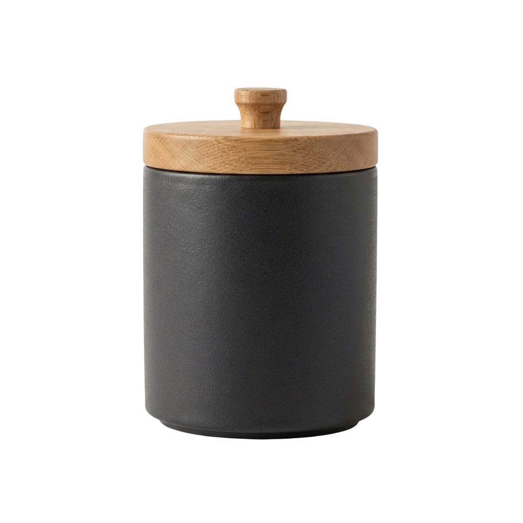 Gray leather cylindrical container with a wooden lid and knob on top