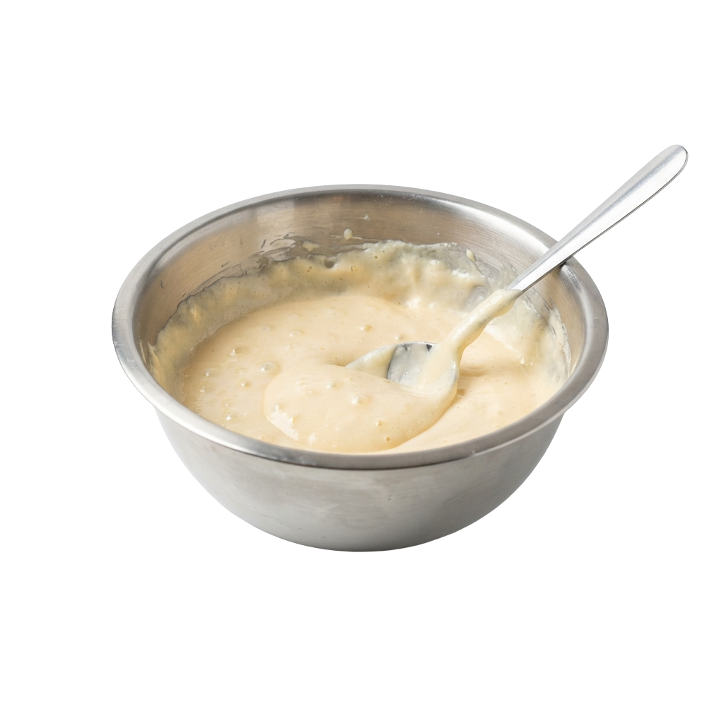 A metal bowl filled with creamy yellow soup and a spoon inside