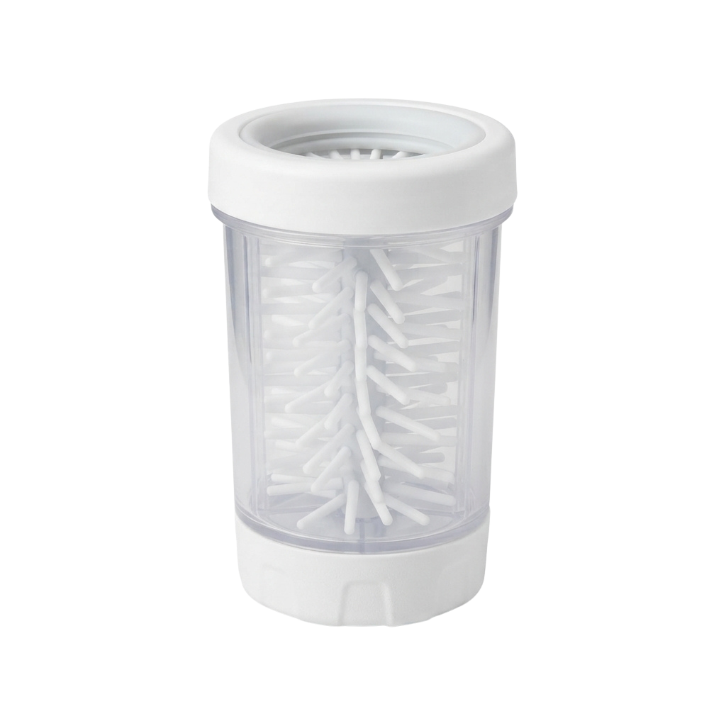 A clear plastic toothbrush holder with multiple slots and a white lid, standing upright.