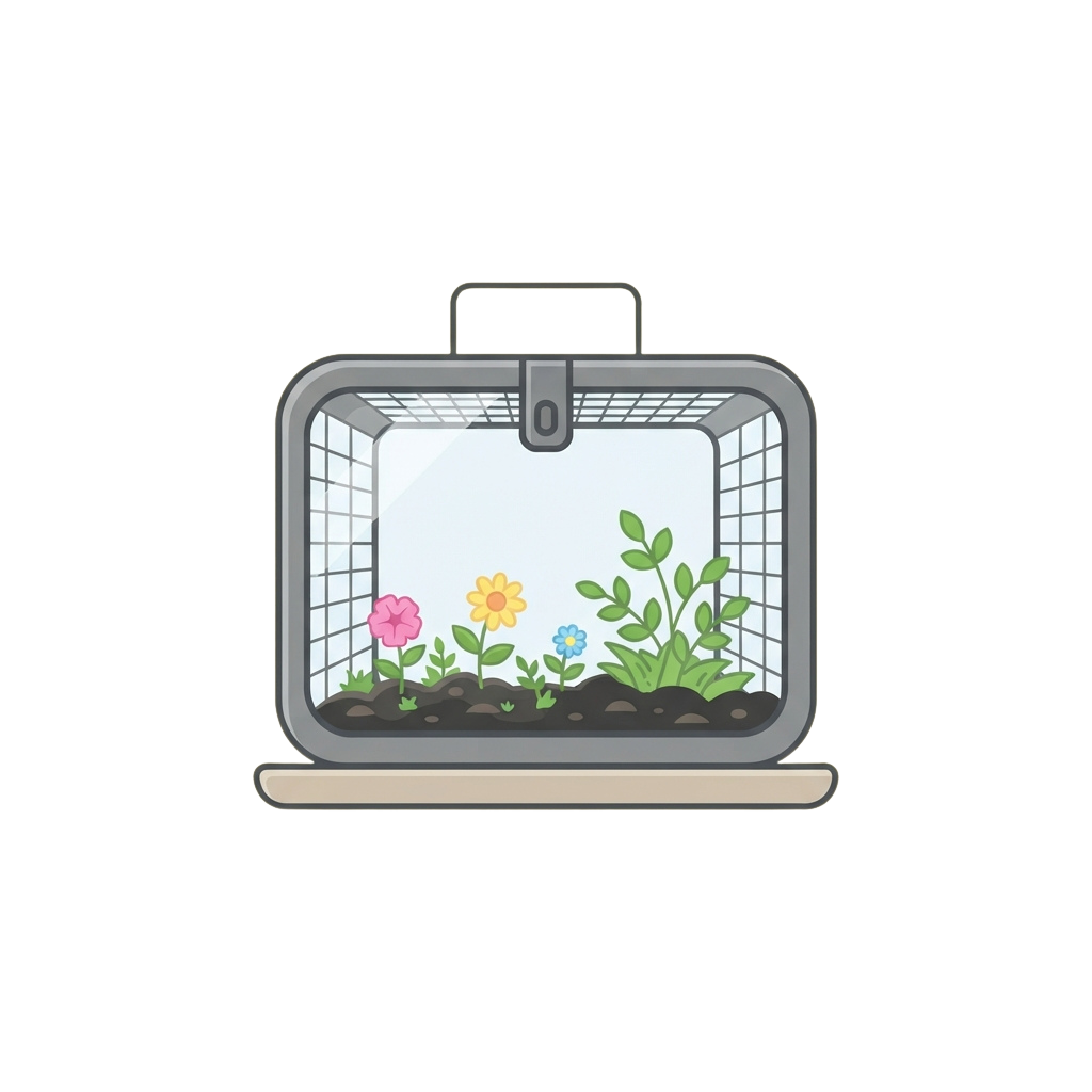 Illustration of a laptop with a transparent lid revealing a small indoor garden with plants and flowers inside the tray