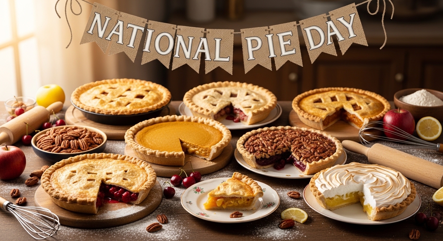 National Pie Day Bakes: Variety of Fruit, Nut, and Cream Pies with Ingredients and Utensils - Feature Image Jan 322