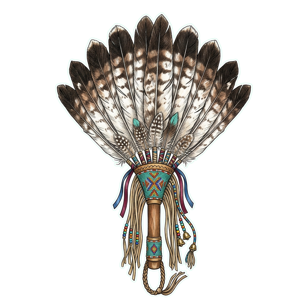 Traditional Native American feather headdress with beaded fringe and decorative elements