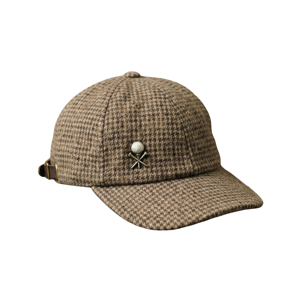 A tweed cap featuring a golf ball and crossed golf clubs emblem on the front