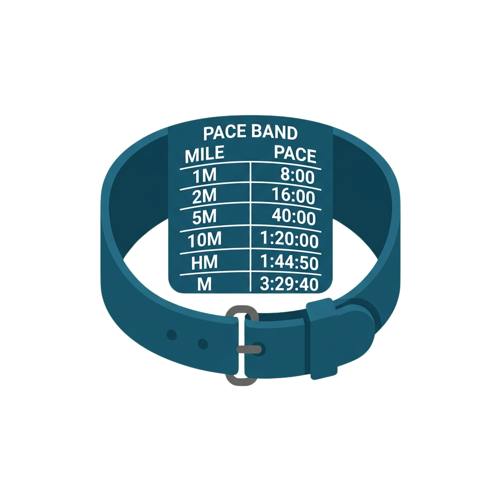 Blue wristband with a table showing running pace goals for various distances in minutes and seconds