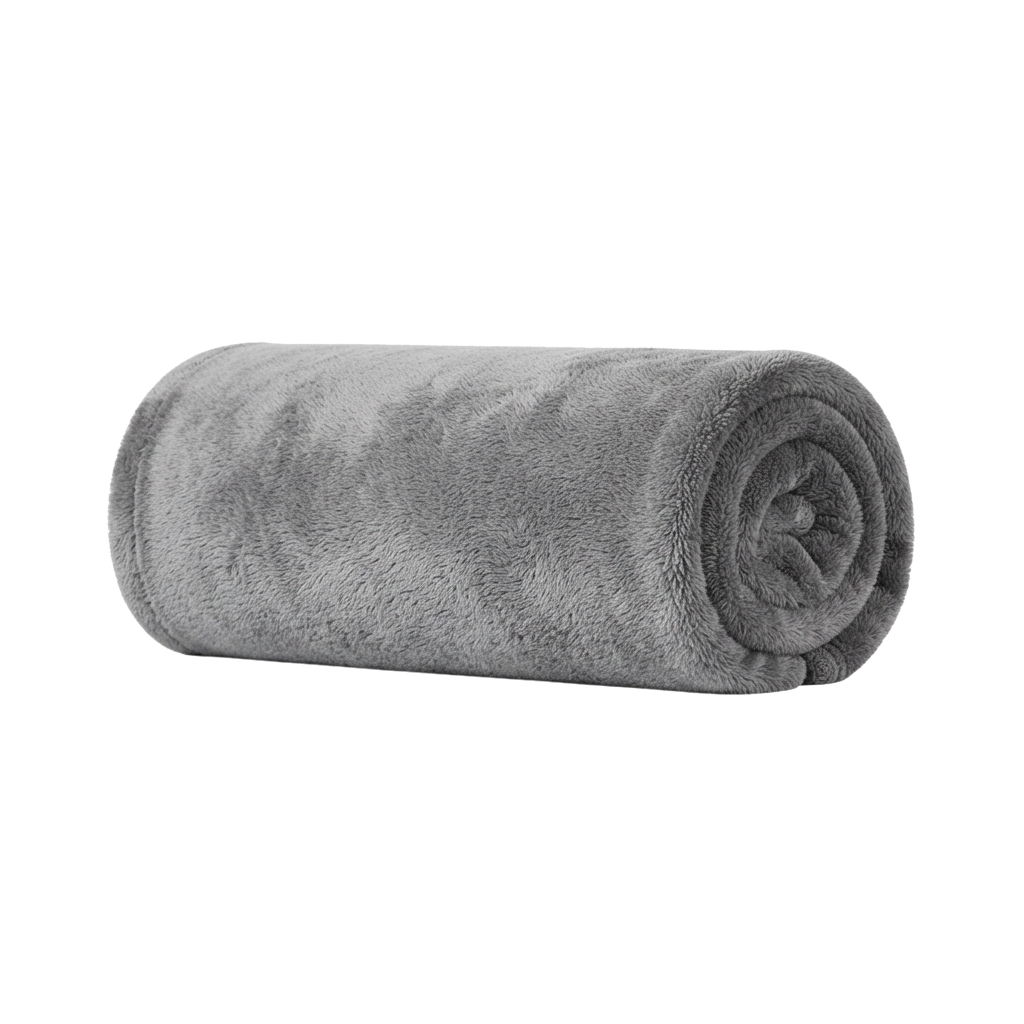 A rolled gray plush fabric towel or blanket with a soft, fluffy texture.