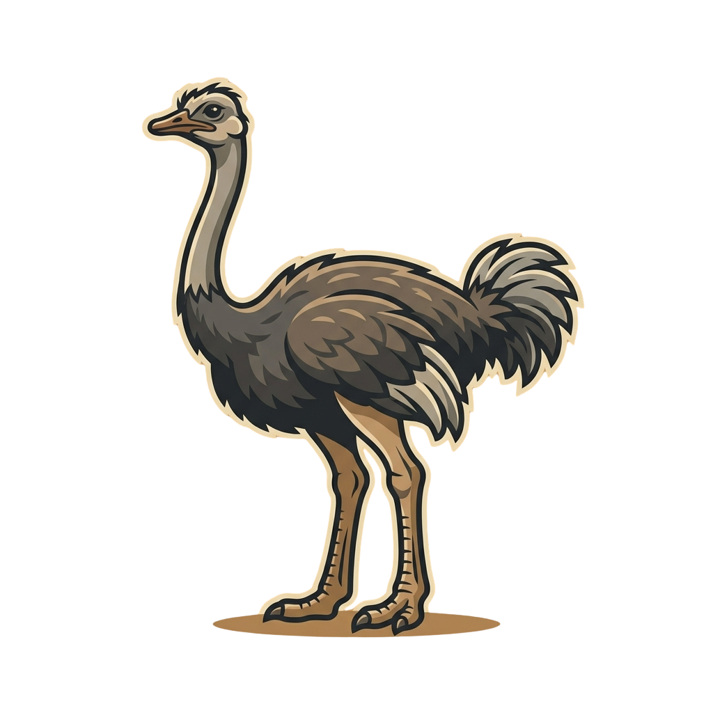 A stylized illustration of an emu standing upright on two legs against a black background