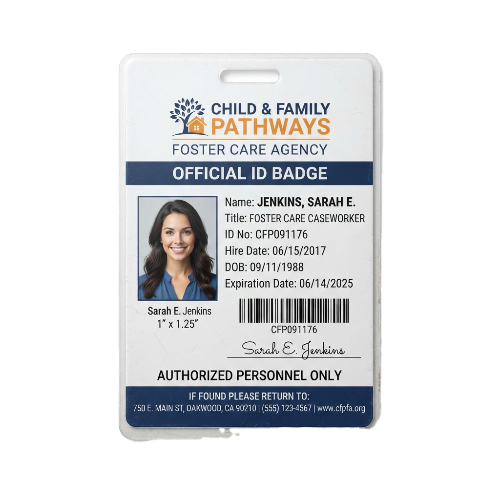 Official ID badge for a foster care caseworker with name, title, ID number, and agency details