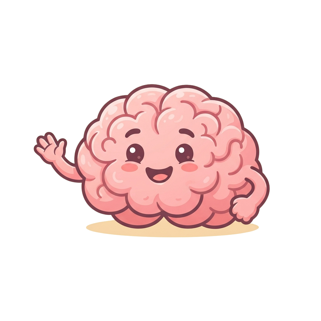 A smiling cartoon brain with a friendly face waving one hand