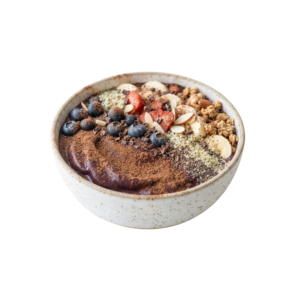 Bowl of chocolate chia pudding topped with blueberries, strawberries, almonds, granola, and seeds in a speckled ceramic dish