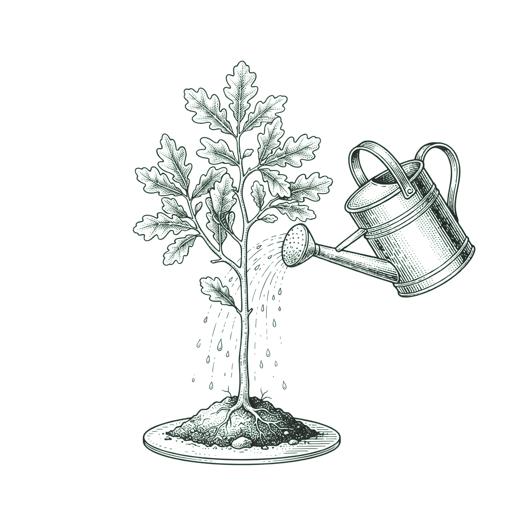 Watering can pouring water onto a leafy plant with droplets falling around it