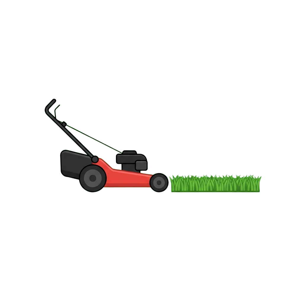 A red push lawn mower cutting short green grass with a black handle and wheels