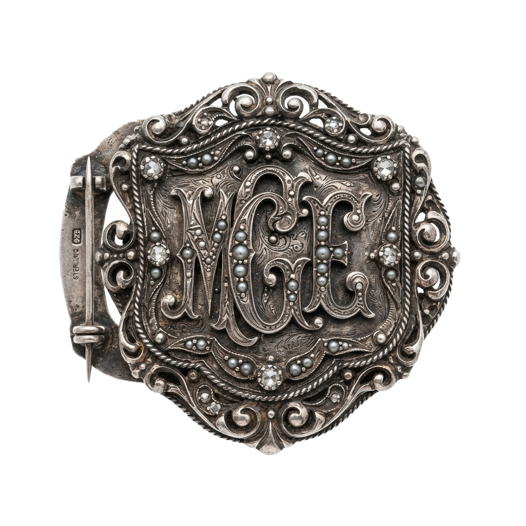 Decorative antique monogram belt buckle featuring ornate metalwork and embossed letters MIE