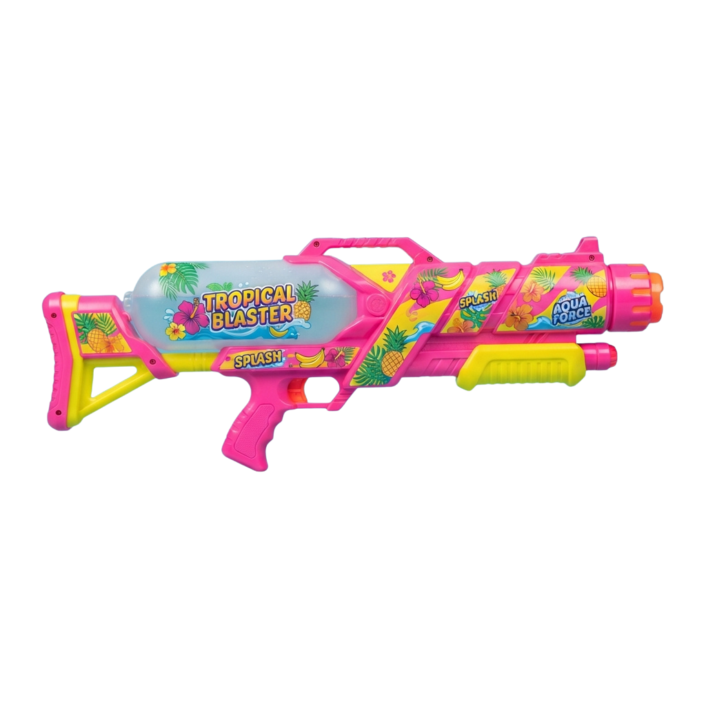 Bright pink and yellow water blaster toy with tropical fruit and flower designs