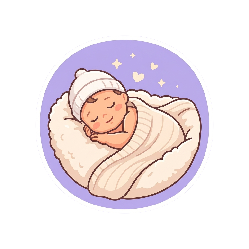 A baby sleeping peacefully wrapped in a soft blanket with a knit hat on, surrounded by stars and hearts