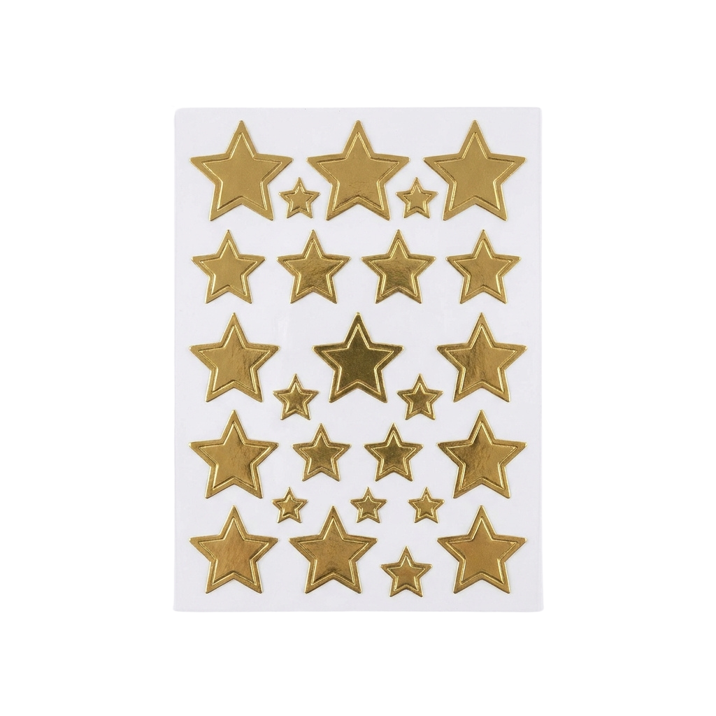Sheet of gold-colored star stickers in various sizes for decoration purposes