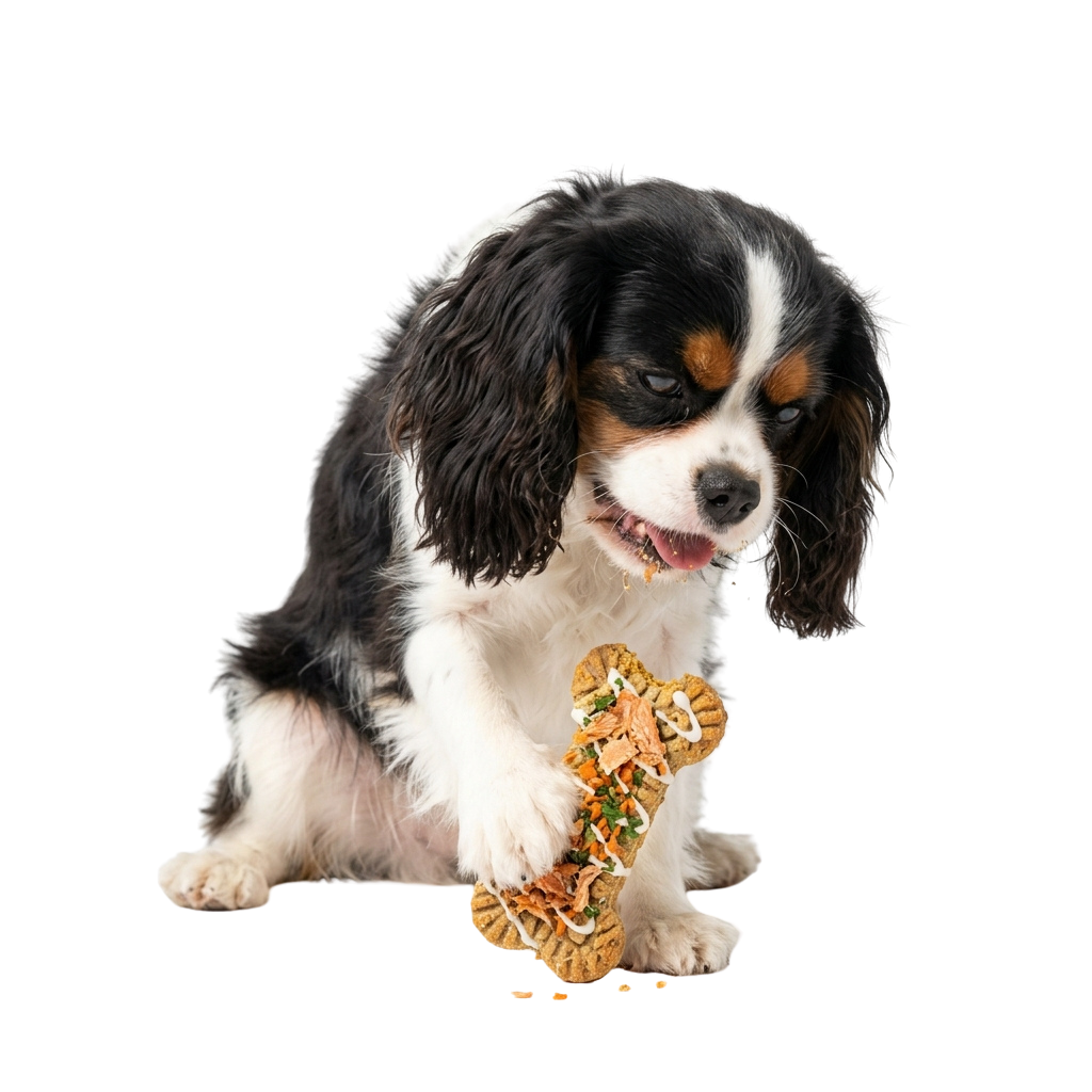 A Cavalier King Charles Spaniel holding a large chew toy in its mouth