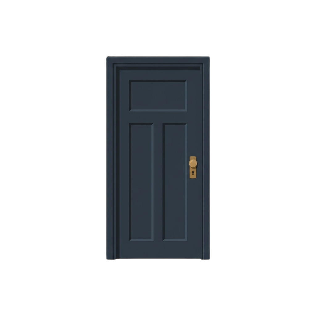 A dark blue wooden door with three rectangular panels and a gold-colored knocker.